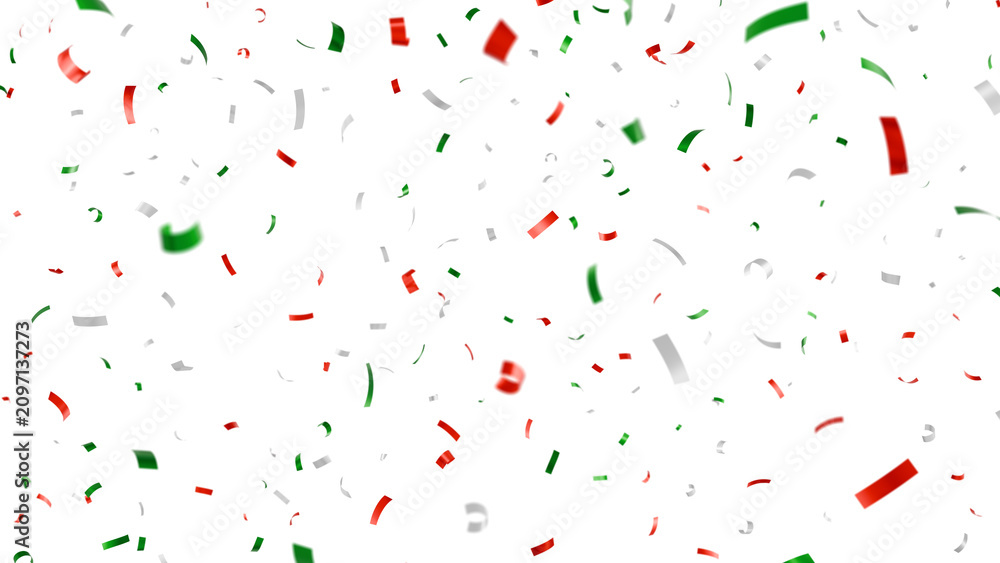 Fototapeta premium Christmas confetti falling isolated on transparent background, green red and silver paper ribbons for holiday celebration.