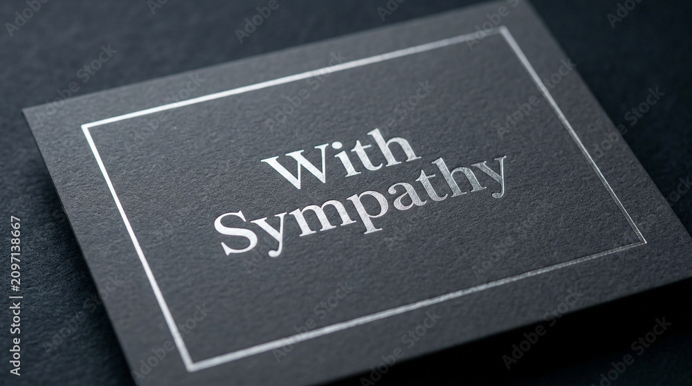 Fototapeta premium Elegant sympathy card with silver foil text, black textured funeral stationery, condolence message on luxury paper, mourning and bereavement card