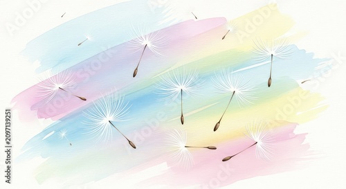 A delicate watercolor painting featuring soft dandelion seeds drifting across a pastel background with gentle artistic brush strokes, feather, seed, botanical