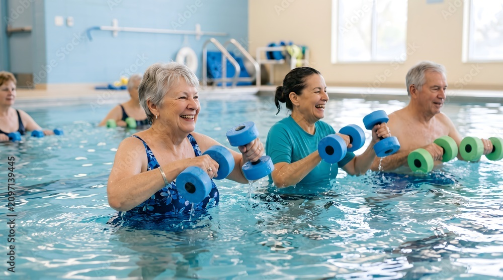 Fototapeta premium Happy senior group doing aqua aerobics with foam dumbbells in swimming pool, active elderly lifestyle and fitness recreation. AI generated.