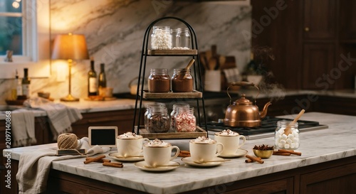 Gourmet Hot Chocolate Station on Kitchen Counter, Cozy Winter Home Decor and Lifestyle Concept