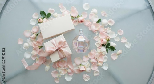 Flat Lay of Perfume Bottle and Gift Boxes with Rose Petals, Luxury Valentine's Day Gift Concept