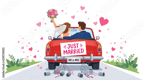 A romantic vector illustration of a happy newlywed couple driving a red wedding getaway car