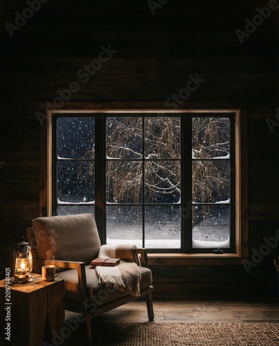 Cozy Winter Reading Nook with Steaming Mug and Snowy Window View, Hygge Lifestyle and Relaxation Concept