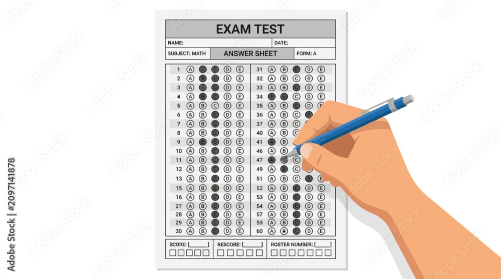Obraz premium Detailed vector illustration of a hand holding a blue pencil marking an exam answer sheet