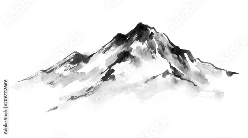 Traditional Sumi-e Style Black and White Mountain Peak Painting
