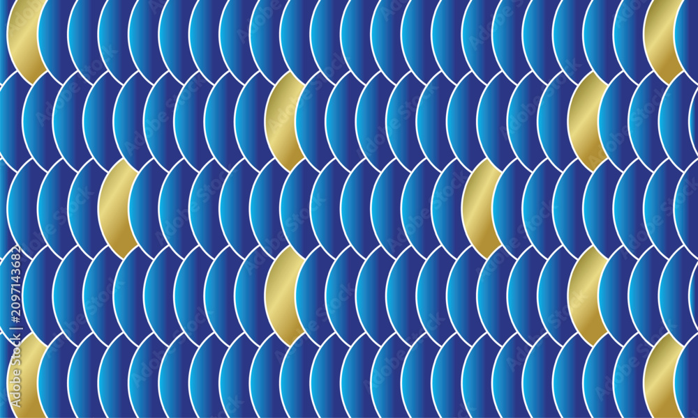 Obraz premium Elegant blue scallop wave seamless pattern with shiny gold accents. Luxury geometric fish scale background vector.