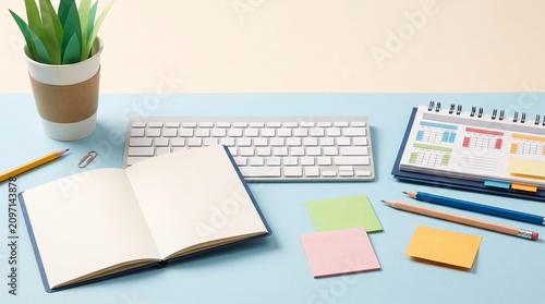 Home office workspace with stationery supplies