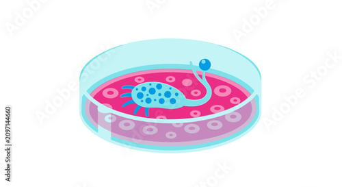 Isometric Cartoon Illustration of a Microbe or Bacteria Cell in a Petri Dish, Scientific Laboratory Research Concept on White Background