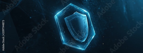 Futuristic cyber security shield hologram on dark blue background