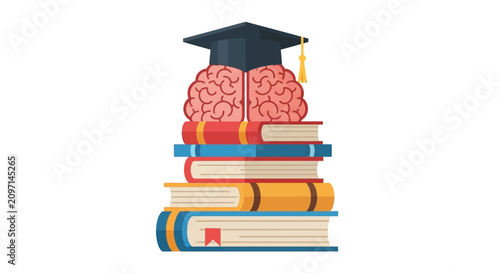 Education and Intelligence Concept: Human Brain with Graduation Cap on a Stack of Books