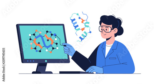 Female Scientist Analyzing Molecular Protein Structure on Computer - Biotechnology Laboratory Illustration