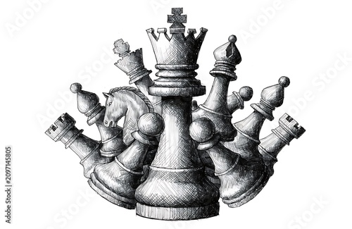 Black chess pieces forming a creative abstract sculpture