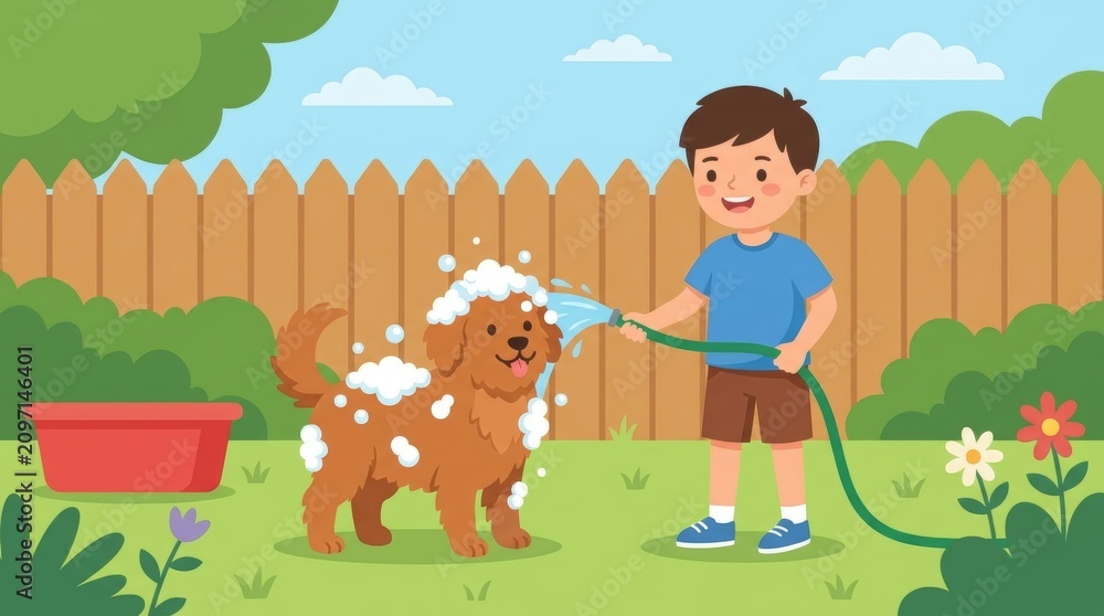 Fototapeta premium Flat Vector Illustration of a Boy Bathing Dog in Backyard Garden