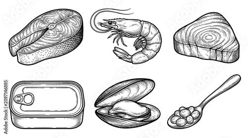 Seafood and fish products vector illustration set in vintage engraving style