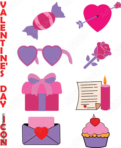 Romantic Valentine Day Celebration Vector Set Featuring Decorative Holiday Elements and Love Themed Graphic Icons