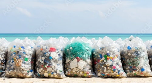 Sunlight glints off plastic waste gathered into large bags on a sandy shoreline, showing a dedicated effort to clean the coastal vista, sun, sea, garbage