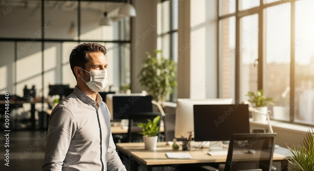 Fototapeta premium Professional employee in mask walking through bright modern office space with abundant natural light. Focused employee in mask observing empty workspaces, adhering to new safety protocols.