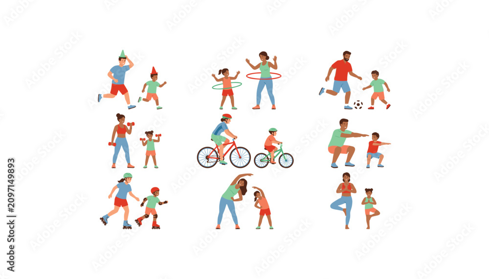 Fototapeta premium Active parents exercising with children characters set with running cycling yoga soccer and workout flat vector illustration bundle