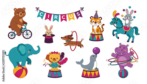Cute cartoon circus animals performer characters set with bear tiger elephant seal lion rabbit horse flat vector illustration bundle