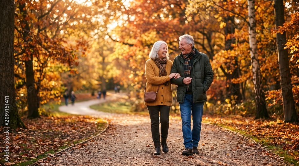 Fototapeta premium Happy senior couple enjoying an autumn walk together in a beautiful forest with colorful fall foliage.