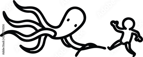 фотографія Minimalist black and white line art vector illustration of a giant octopus chasi