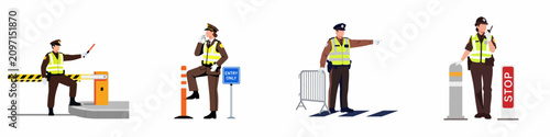 Set of flat vector illustrations of security guards and traffic control officers in uniform performing various duties with equipment on white background.