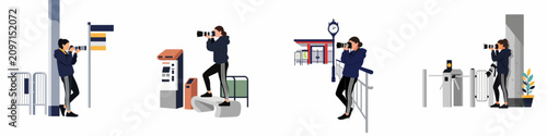 Konstfotografi Flat vector illustration set of a female photographer capturing images with a telephoto lens in various urban settings
