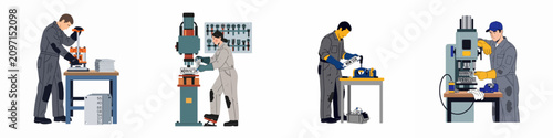 Set of industrial workers manufacturing vehicle license plates using heavy machinery, presses, and manual tools in a factory workshop environment.