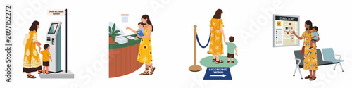 Flat vector illustration set of a mother with her children at a driver's license office for application, registration, and information gathering.