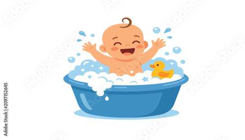 Cute happy cartoon baby taking a bubble bath in blue tub with yellow rubber duck toy vector illustration