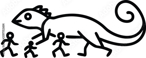 Foto Minimalist black and white line art vector illustration of a giant chameleon liz