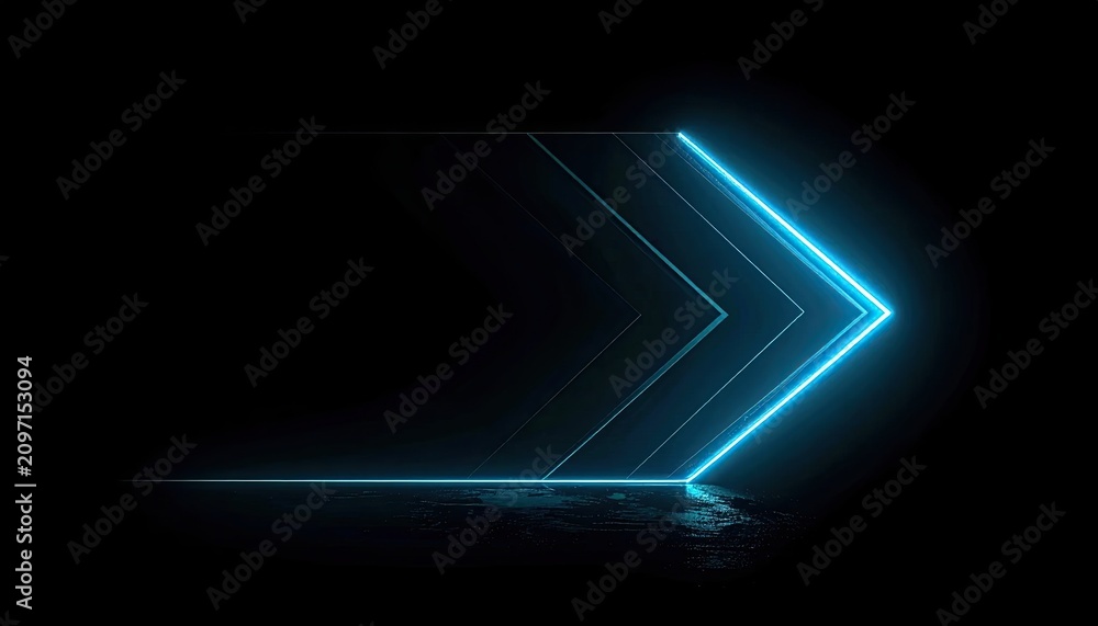 Fototapeta premium Futuristic Neon Arrow Background. Dynamic Blue Light on Dark Reflective Surface for Technology Concepts.