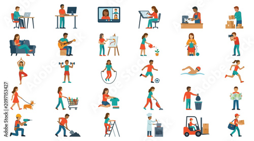 Schilderij op canvas People Performing Various Activities Flat Vector Illustration
