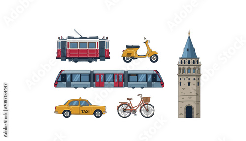 Istanbul public transportation and travel landmarks element set with Galata Tower nostalgic tram subway taxi and scooter vector illustration