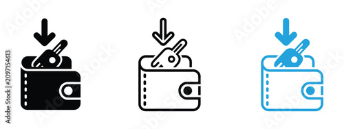 Crypto wallet icons featuring digital wallet, security key, and financial access symbols with clean minimalist vector graphics for cryptocurrency, blockchain, fintech, and secure payment applications.