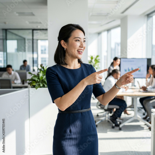 Asian businesswoman presenting in office. Professional leader pointing at screen.