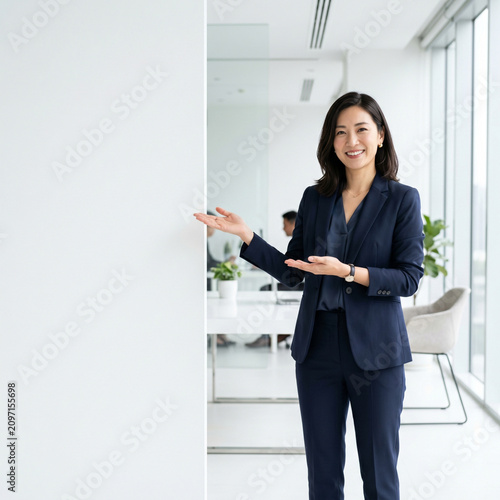 Asian businesswoman presenting. Professional woman gesturing at empty white wall.