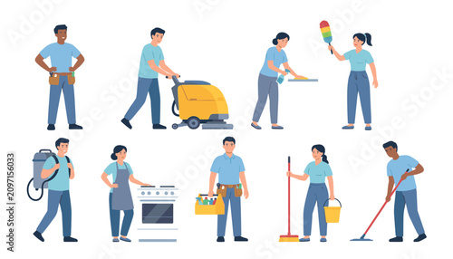 Professional cleaning service staff characters set with equipment janitor team workers sweep mop vacuum kitchen flat vector illustration