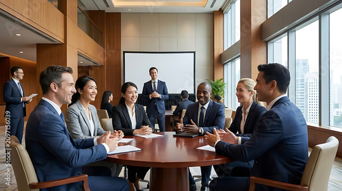 Diverse professionals collaborating in a modern boardroom meeting with presentation screen
