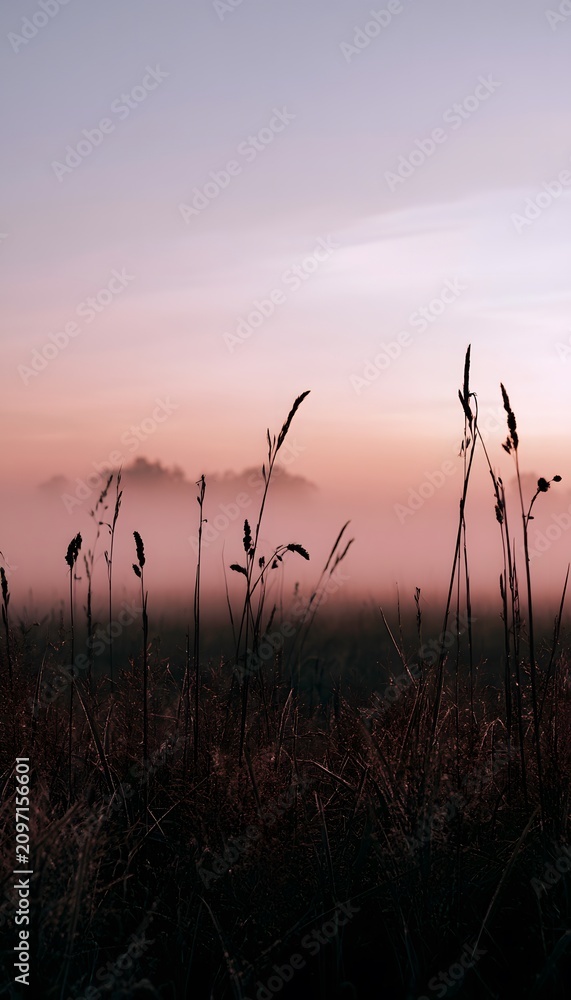 Obraz premium Serene sunset landscape gentle fog creates a peaceful nature scene evoking quiet beauty