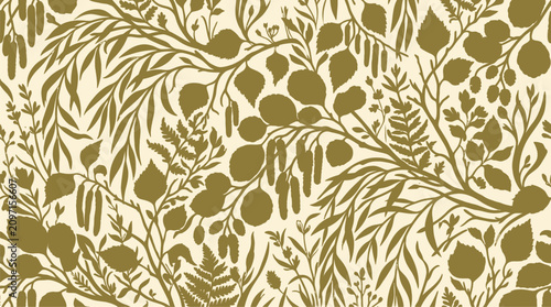 Intricate gold and brown botanical pattern featuring dense leaves and branches for decorative design.