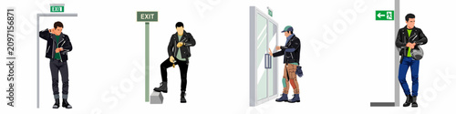 Photos Set of illustrations featuring a man in a leather jacket waiting near exit signs and checking the time on his watch