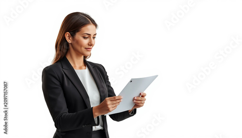 Businesswoman holding a document. Professional female reading report on white.