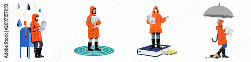 Quadro su tela Collection of illustrations featuring a woman in an orange raincoat managing mail and tax papers during a rainy season