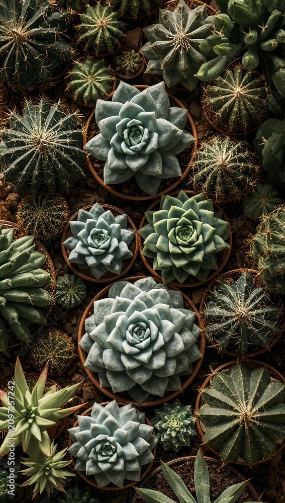 Fototapeta premium Top view of assorted green succulent plants arranged in a dense natural pattern with rich textures and geometric symmetry.