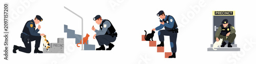 Tableau sur toile Set of illustrations depicting kind police officers interacting with cats at a precinct station, featuring petting and feeding scenes in a flat design style