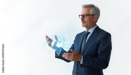 Businessman using digital interface. Professional interacting with holographic data.