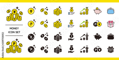 お金のアイコン。日本円とポイント、コインのイラスト。ポイント還元、ポイント付与。Money icons.