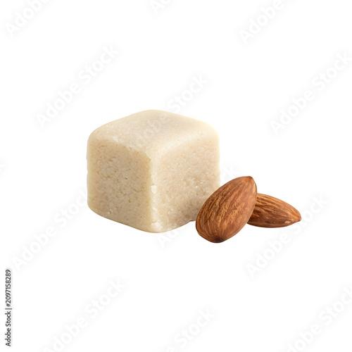 A single cube of almond marzipan paste with fresh raw almond nuts isolated on transparent background